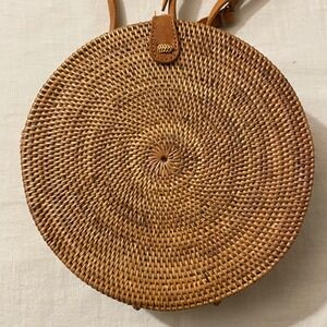 Pink‎ Haley Round Rattan Straw Woven Crossbody Bag Boho Beach Purse Fabric